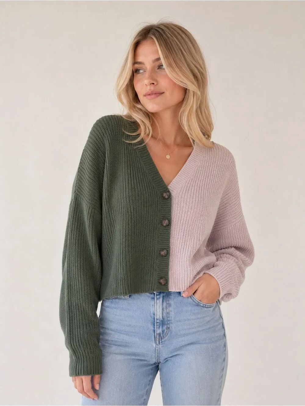 Two-Tone Olive Green & Beige V-Neck Button Cardigan